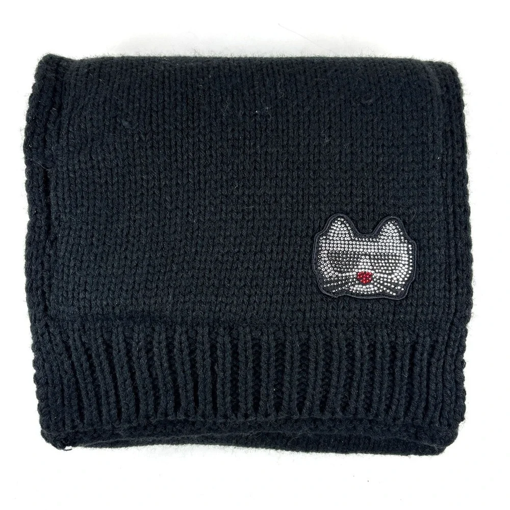 Karl Lagerfeld Scarf Womens OS Black Rhinestone Cat Choupette Knit 10‎ x 68 Cozy